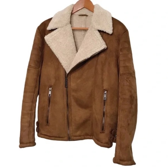 Zara Faux Sherpa & Leather Oversized Brown Bomber Jacket Coat Size Medium - Picture 3 of 9